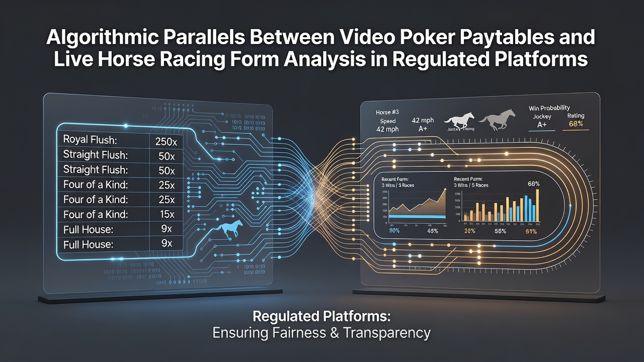 Visual representation of algorithmic data flows connecting video poker paytables with horse racing form metrics on regulated platforms