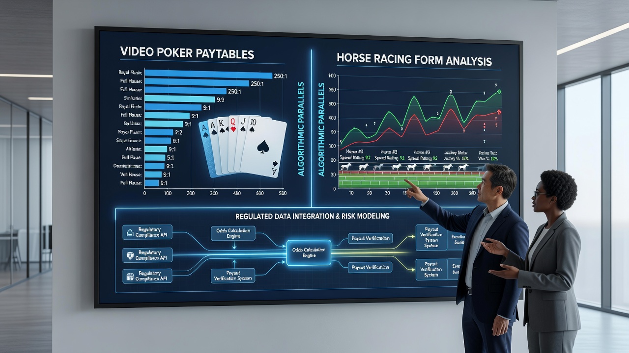 Side-by-side comparison of probability matrices used in video poker and horse racing analytics within licensed environments