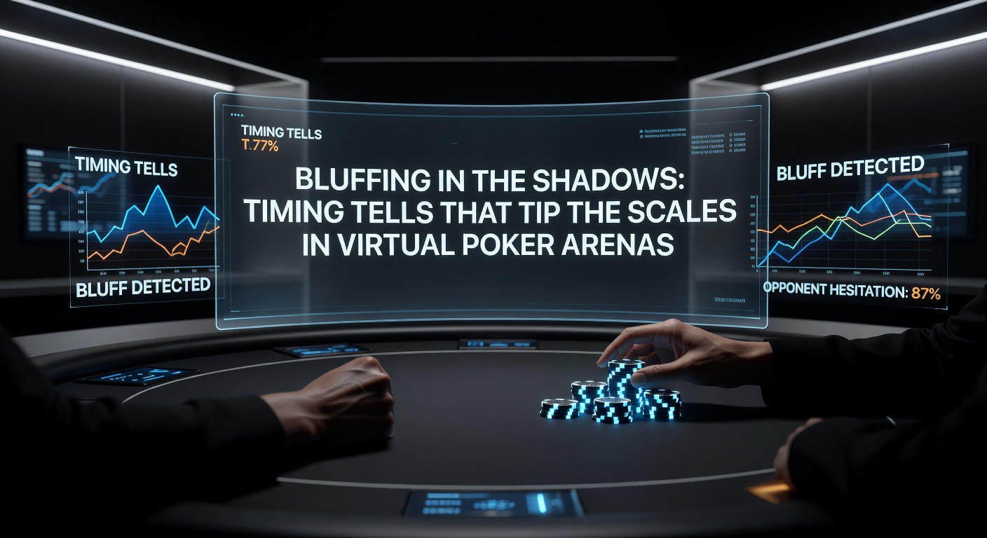 A dimly lit virtual poker table where player avatars hover over betting buttons, highlighting a clock ticking down on a crucial decision