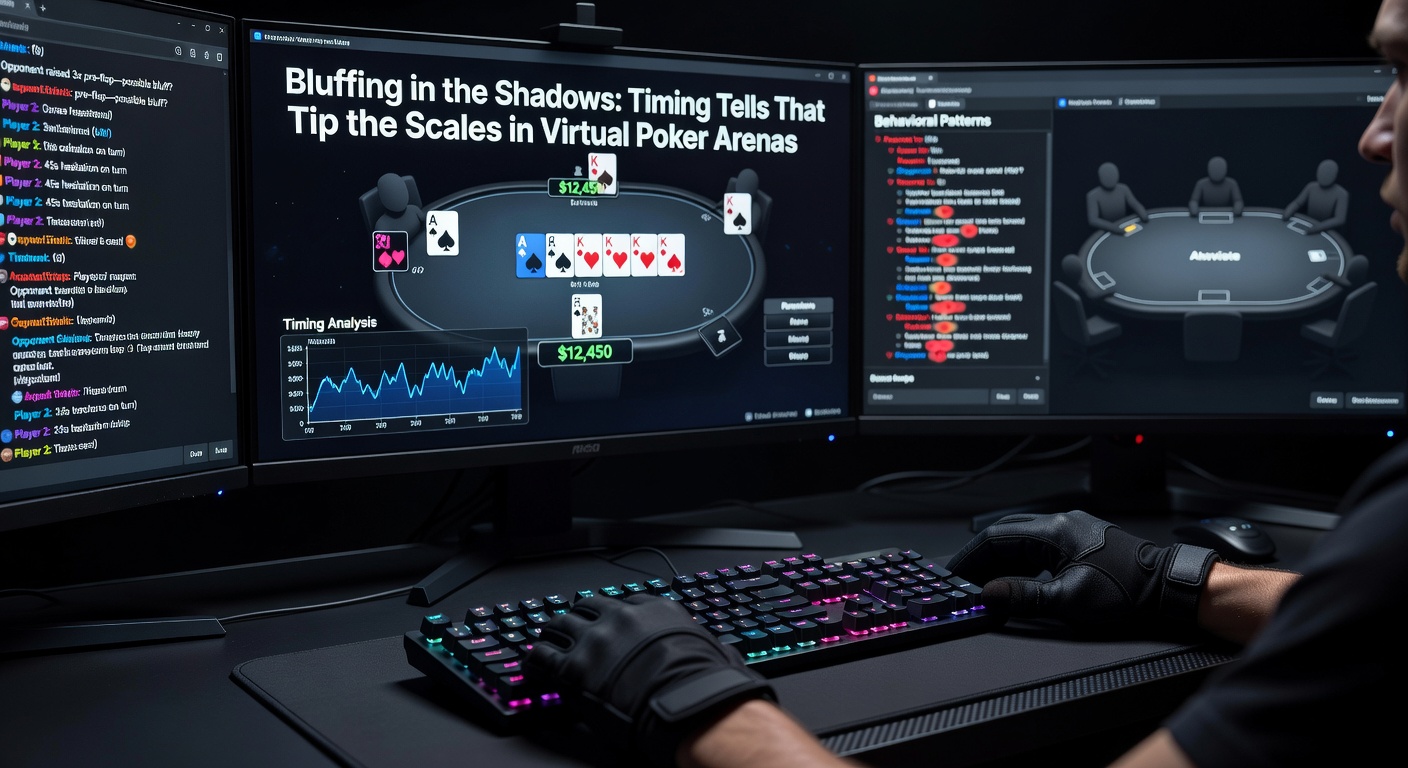 Close-up of a poker HUD overlay on a screen, displaying timing stats, bet sizes, and player notes during a tense online hand