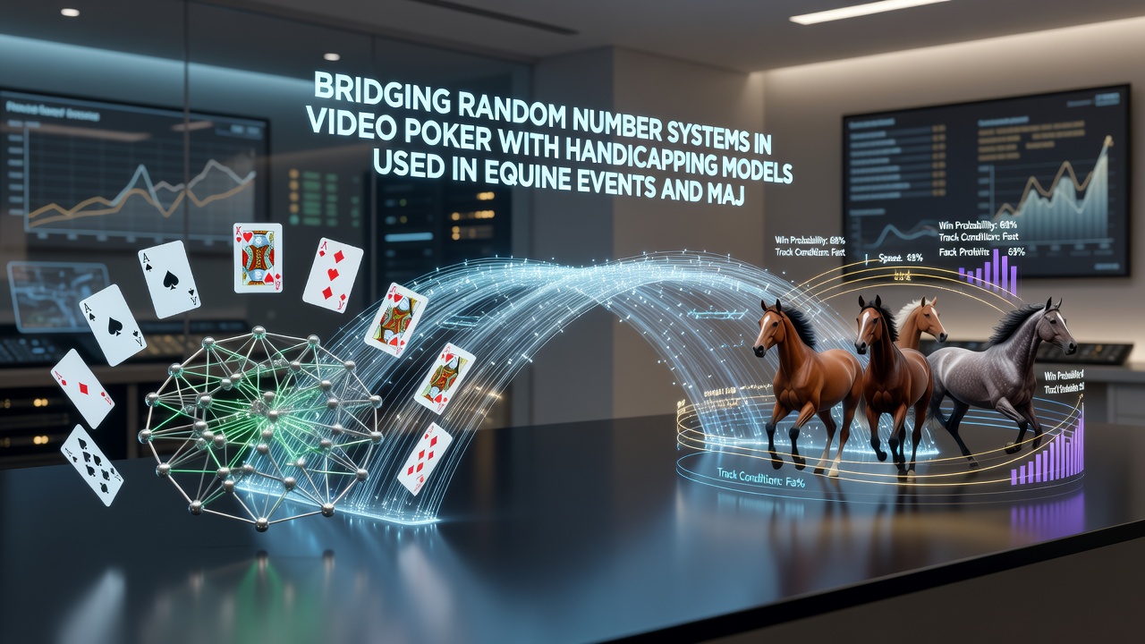 Comparative diagram showing algorithmic RNG flow in video poker next to statistical handicapping variables for horse racing and championship events