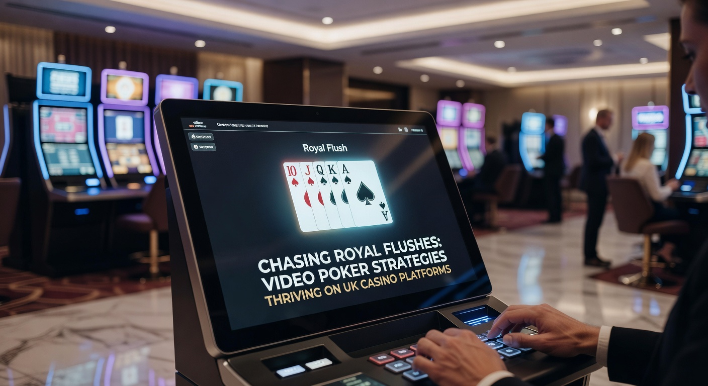 Vibrant video poker machine screen displaying a dealt royal flush hand with glowing cards and jackpot payout lights