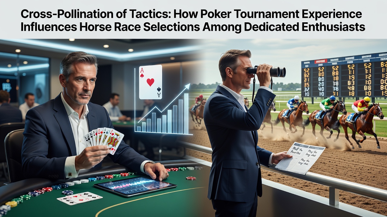 Dedicated enthusiasts reviewing poker hands alongside horse racing form guides during a tournament break
