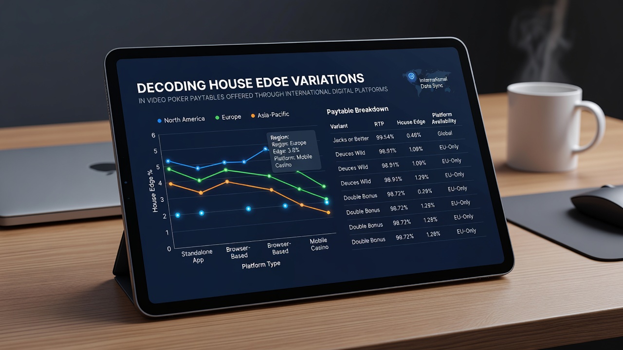 Comparison chart of video poker paytables from different international platforms with highlighted house edge percentages