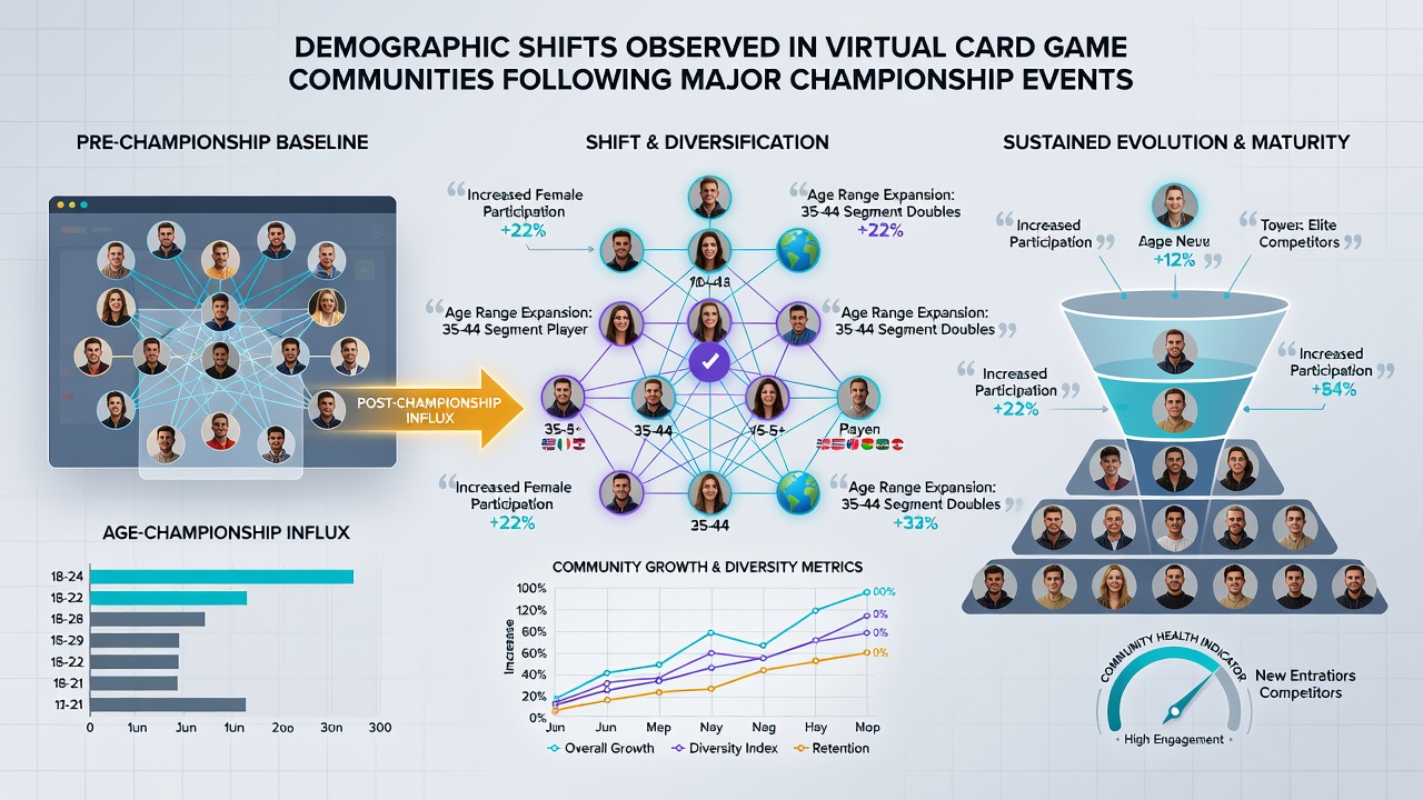 Diverse group of virtual card game players analyzing strategies after a championship broadcast
