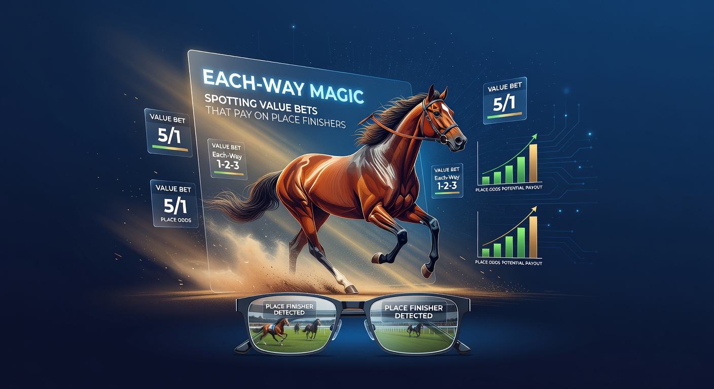 Horse racing field thundering down the track with jockeys urging their mounts forward, capturing the high-stakes energy of each-way opportunities