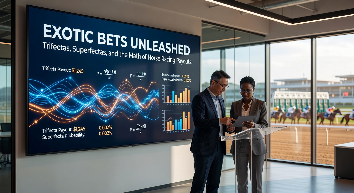 Vibrant tote board at a major horse racing track displaying exotic bet payouts for trifectas and superfectas
