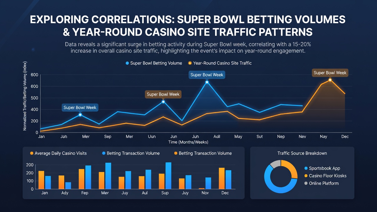 Graph illustrating statistical correlations between monthly casino traffic and Super Bowl-related betting data across different regions