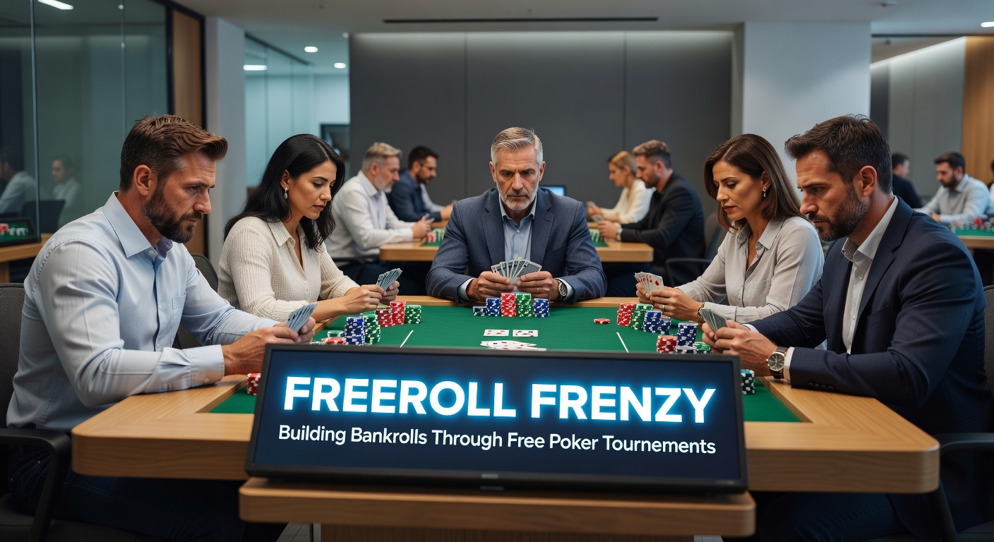 Players competing intensely in an online freeroll poker tournament, chips stacking up on virtual tables