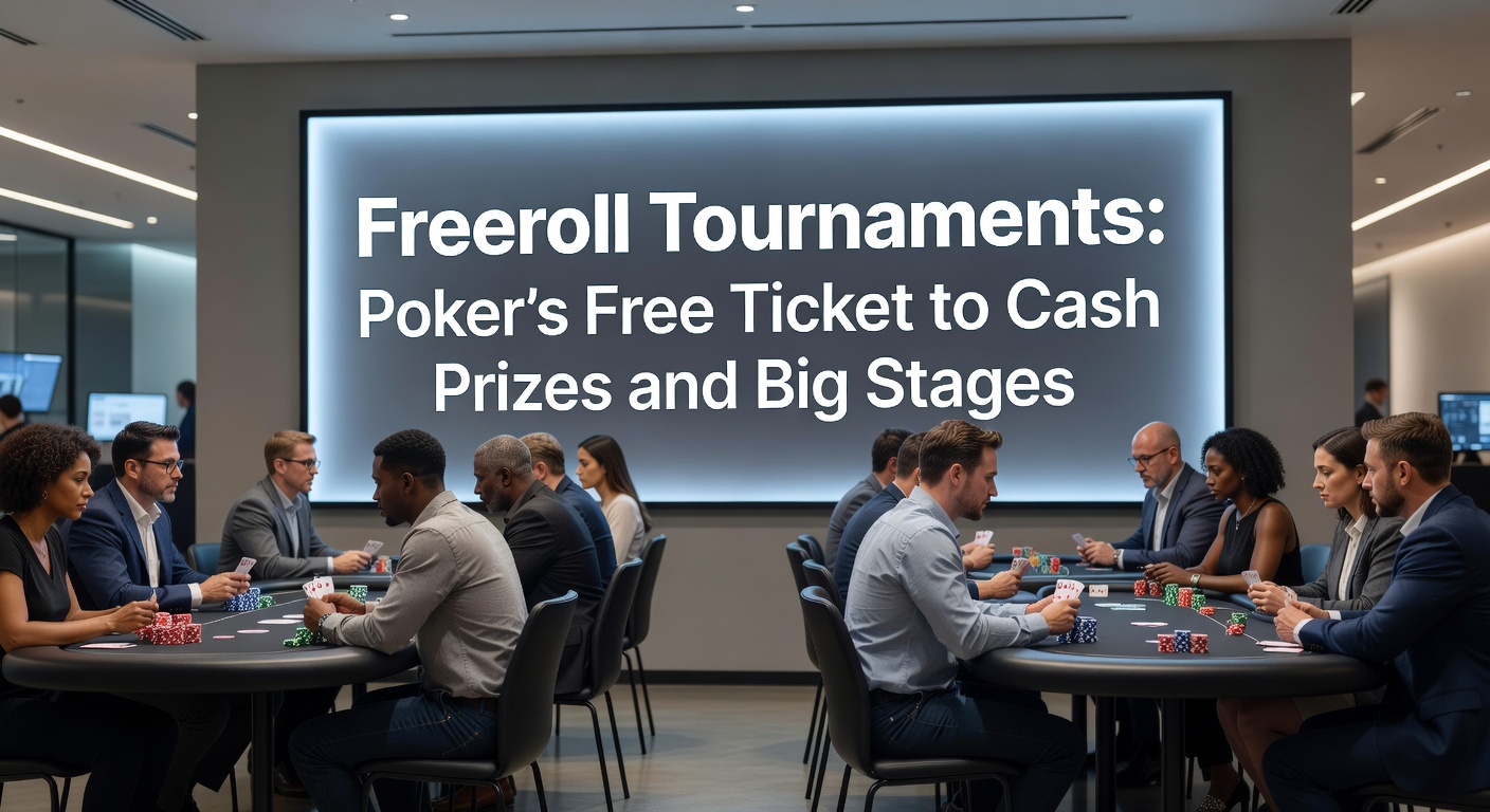 Excited poker players competing in a bustling freeroll tournament, chips flying across the virtual table as the prize pool grows
