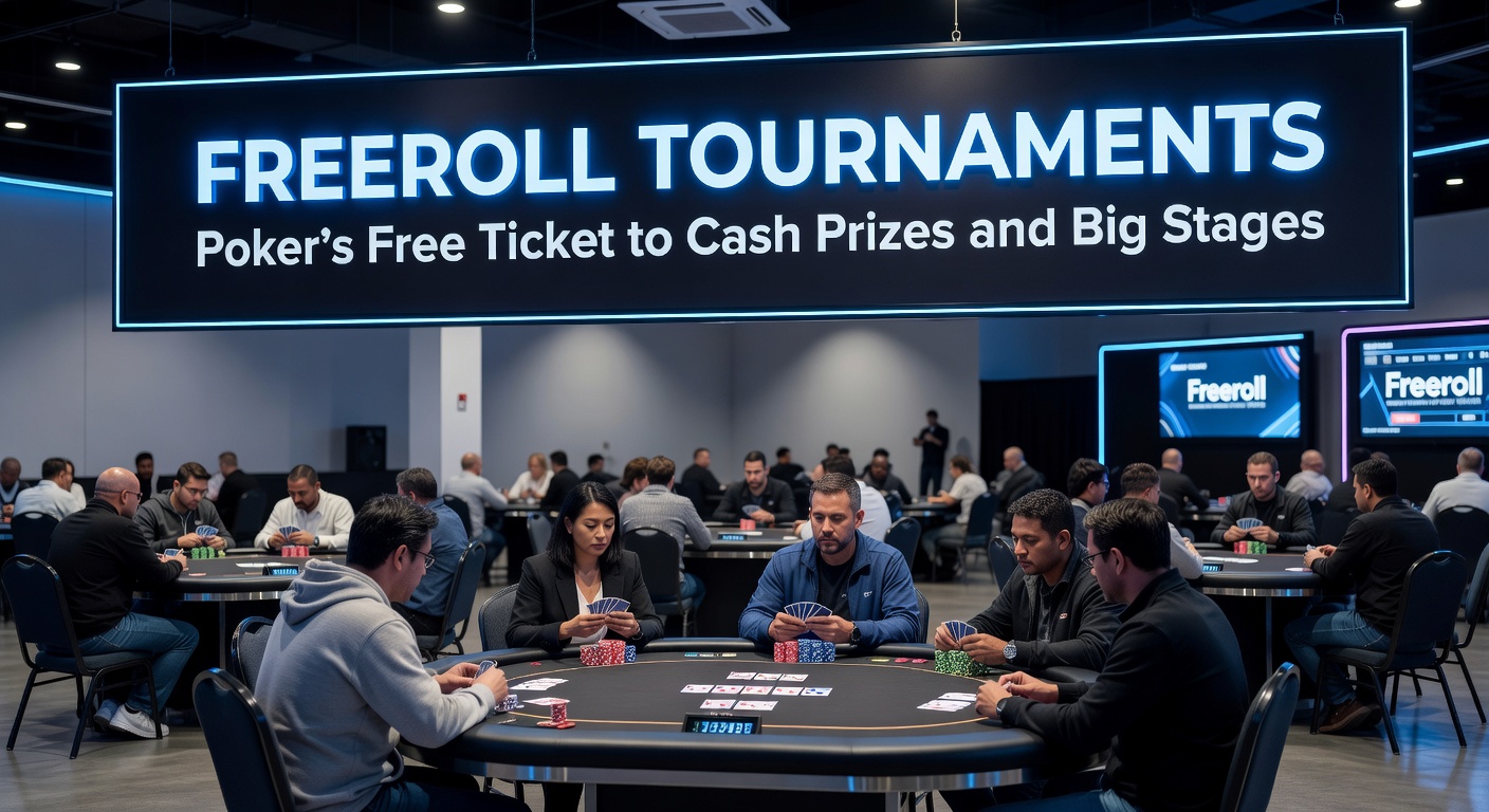 A triumphant freeroll winner celebrating a major cashout on stage, surrounded by cheering fans and glittering prize trophies