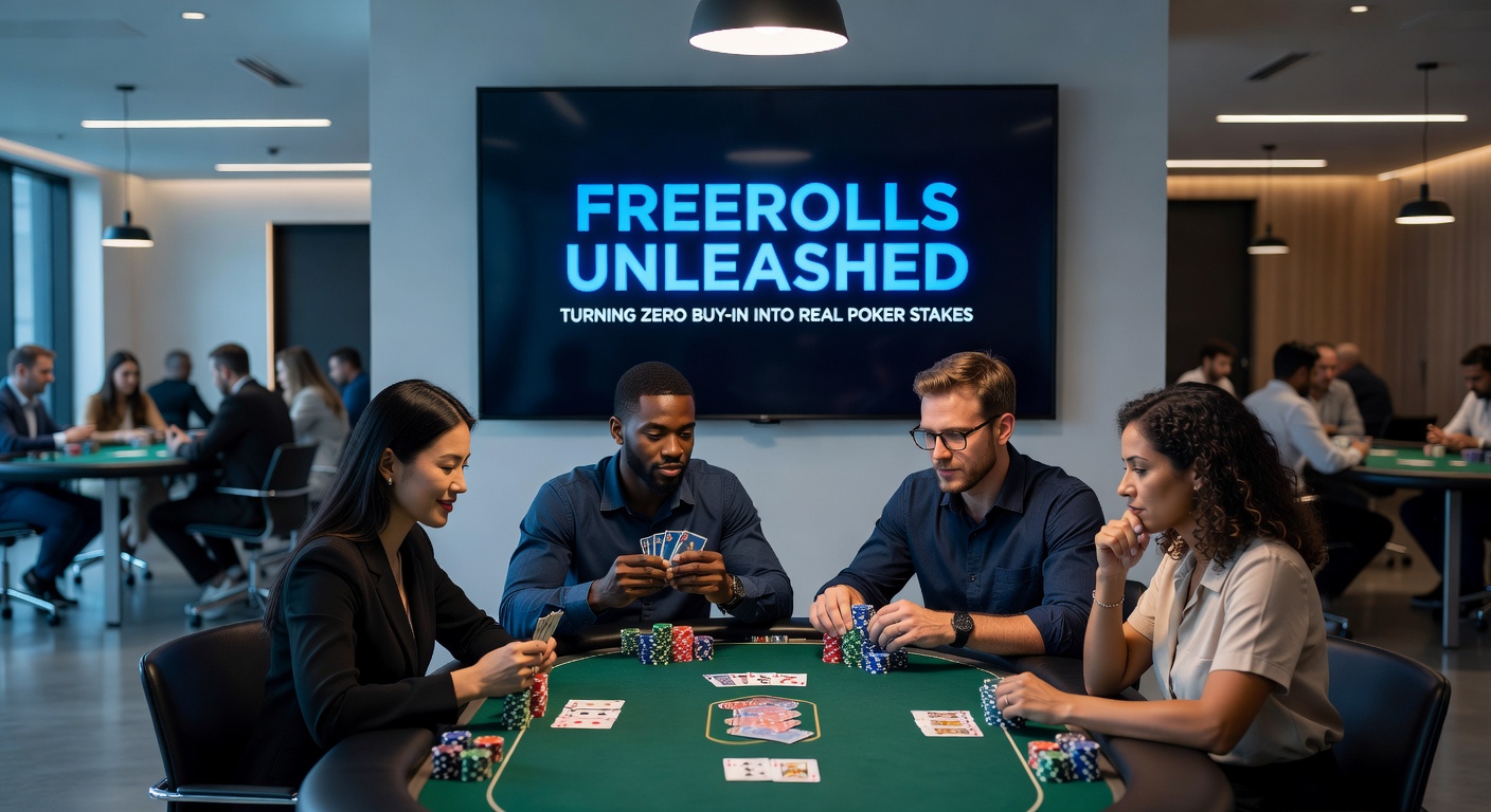 Intense poker freeroll tournament action with players focused at tables, chips stacking up amid zero buy-in excitement