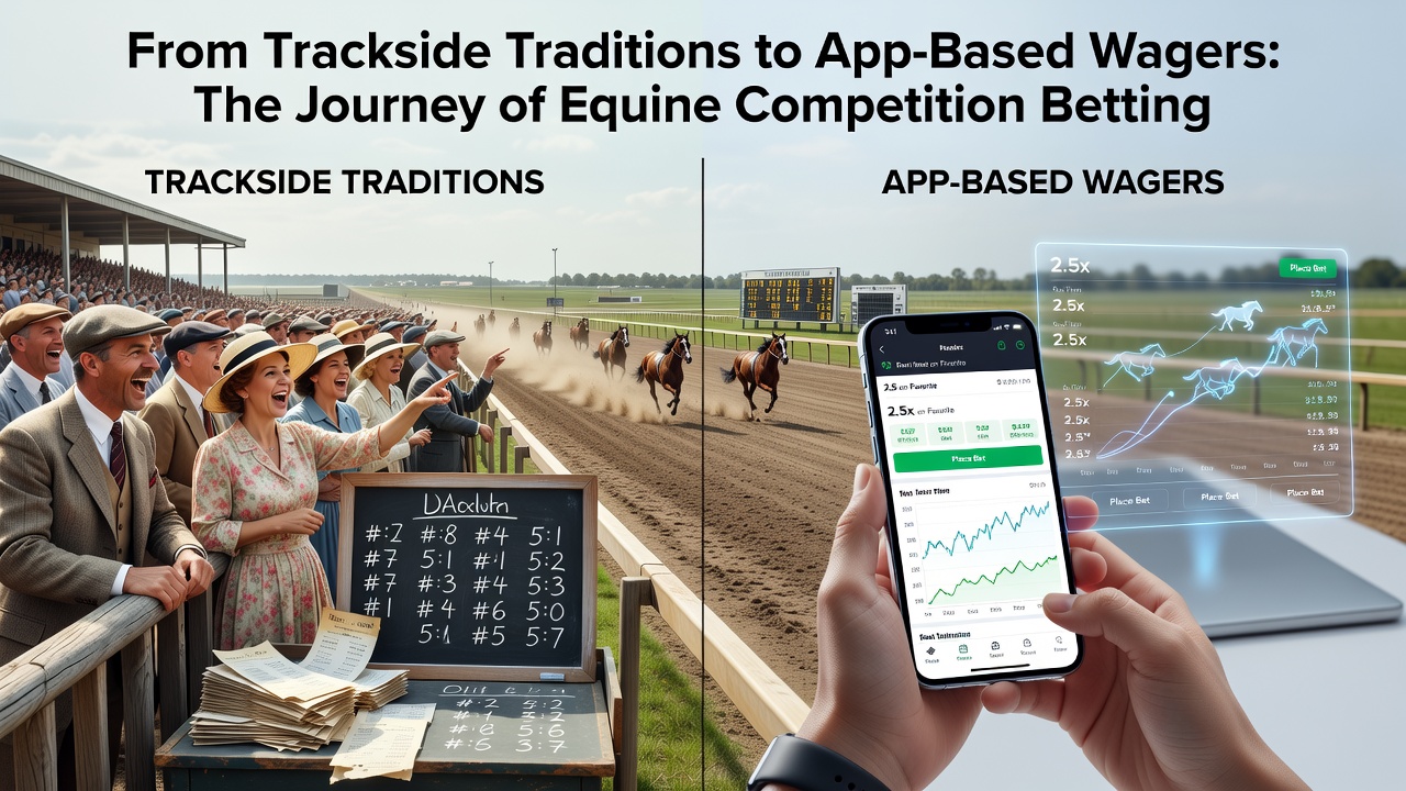 Modern smartphone screen showing a horse racing betting app interface with live odds, race replays, and account balance details