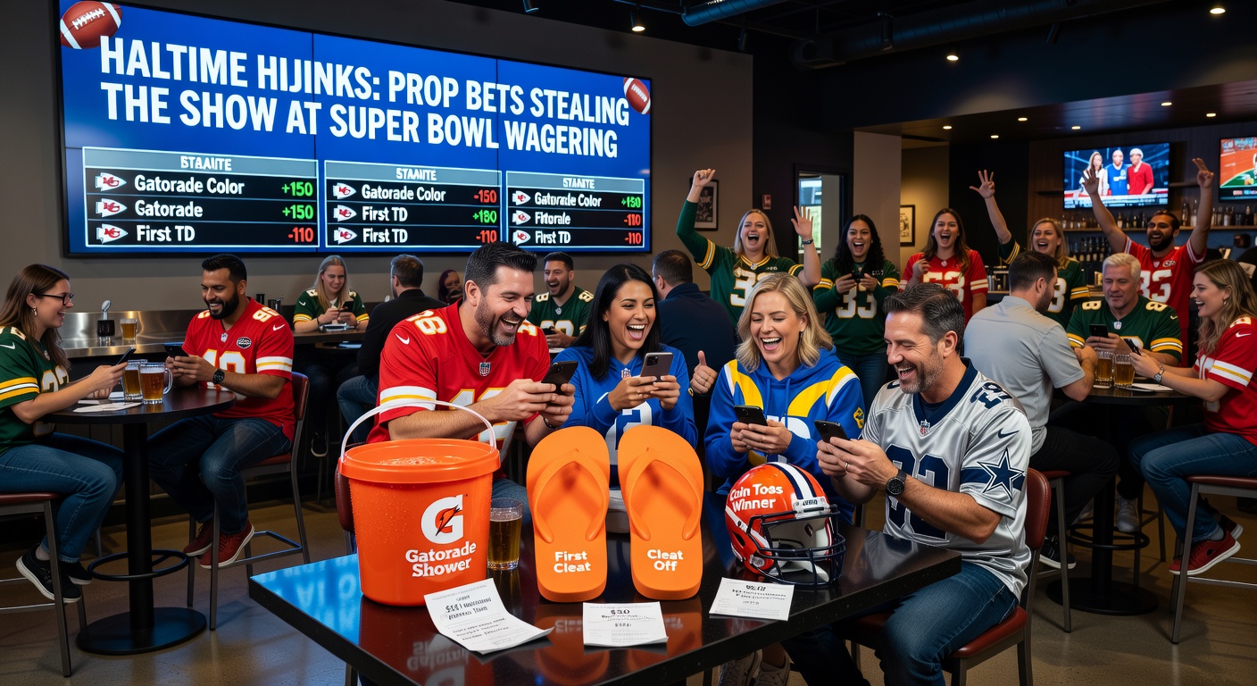 Vibrant Super Bowl halftime show stage with performers and crowd, overlaid with colorful prop bet icons like song titles and wardrobe choices