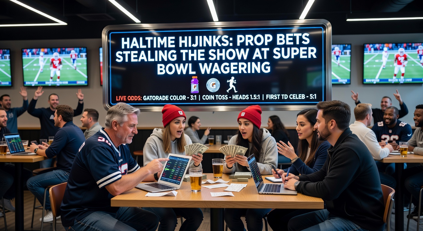 Close-up of a mobile betting app screen showing Super Bowl halftime prop bets, including song lengths, guest appearances, and outfit colors amid cheering fans