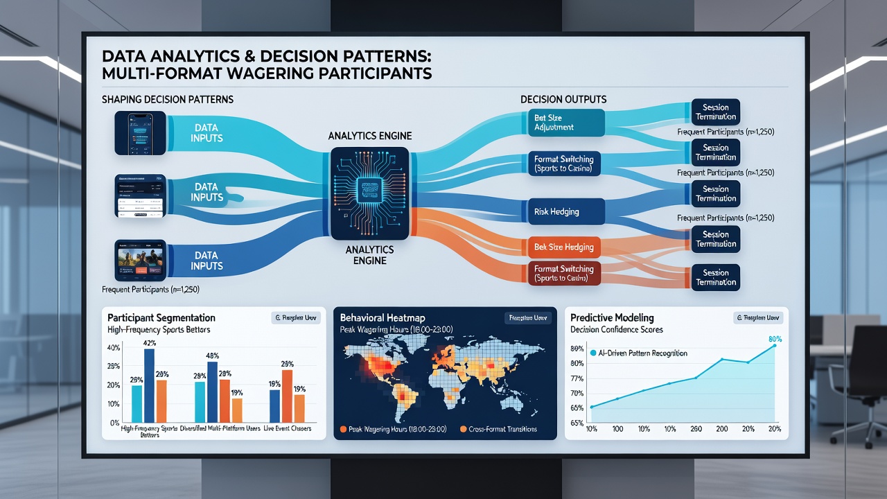 Infographic illustrating how predictive models connect betting activity across sports, casino, and poker formats for frequent participants