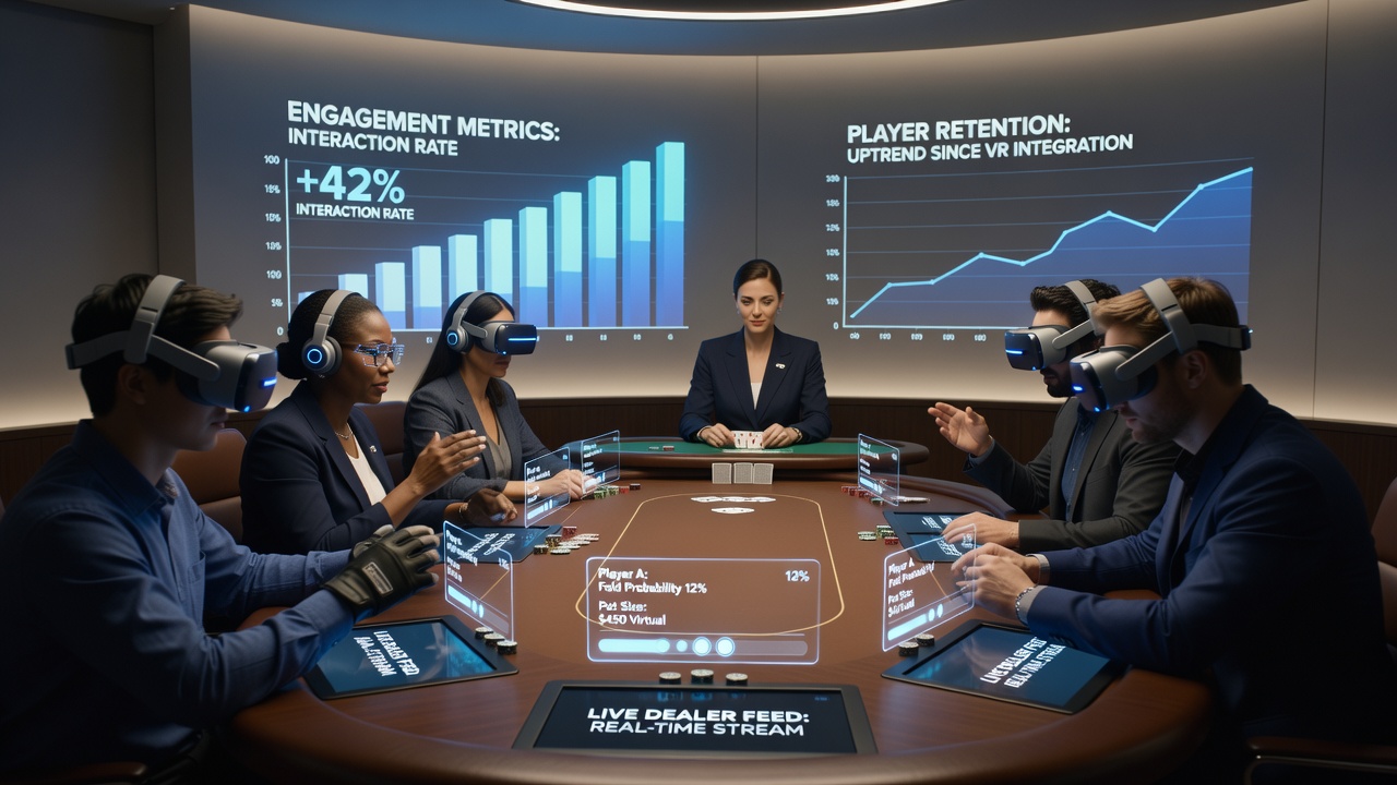 Virtual reality headset users engaging with live dealer poker tables in a digital environment