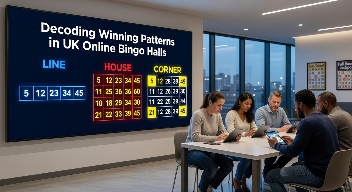 Digital bingo card showing a completed full house pattern with all numbers marked in bright colors against a lively game background
