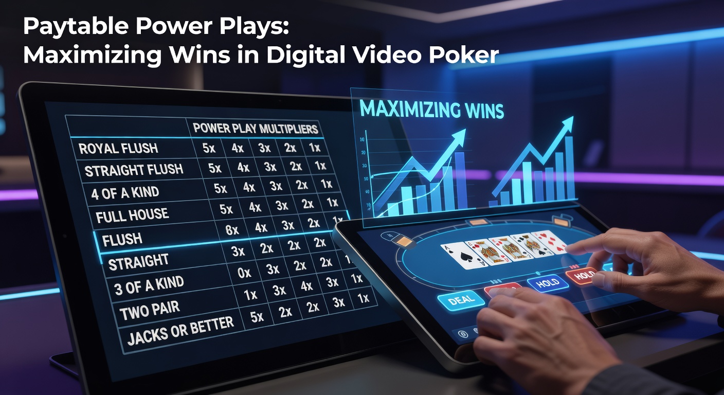 Digital video poker machine displaying a vibrant paytable with jackpot payouts for royal flushes and other high hands