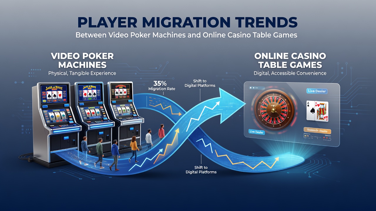 Players interacting with video poker machines in a casino floor setting while others engage with online table game interfaces on mobile devices