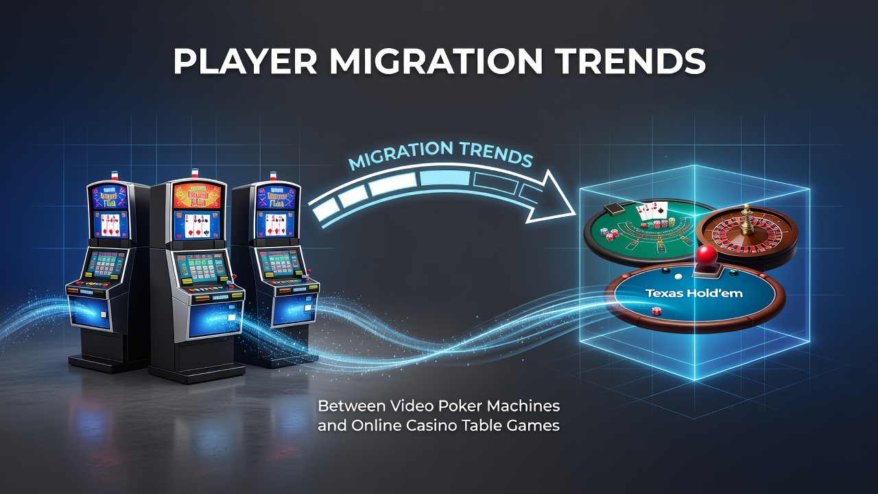 Infographic style visualization showing arrows representing player flow from physical video poker stations to digital online table game platforms with percentage markers