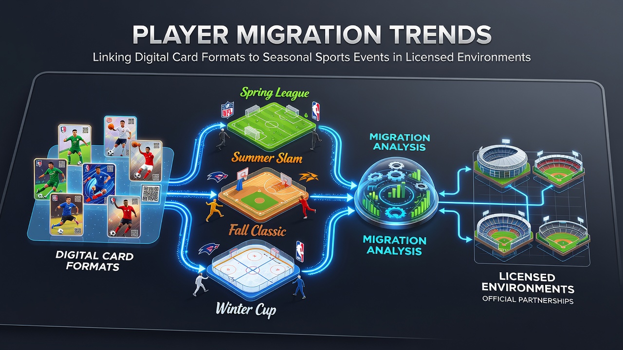 Visualization of player migration patterns connecting digital card formats with seasonal sports events in licensed environments