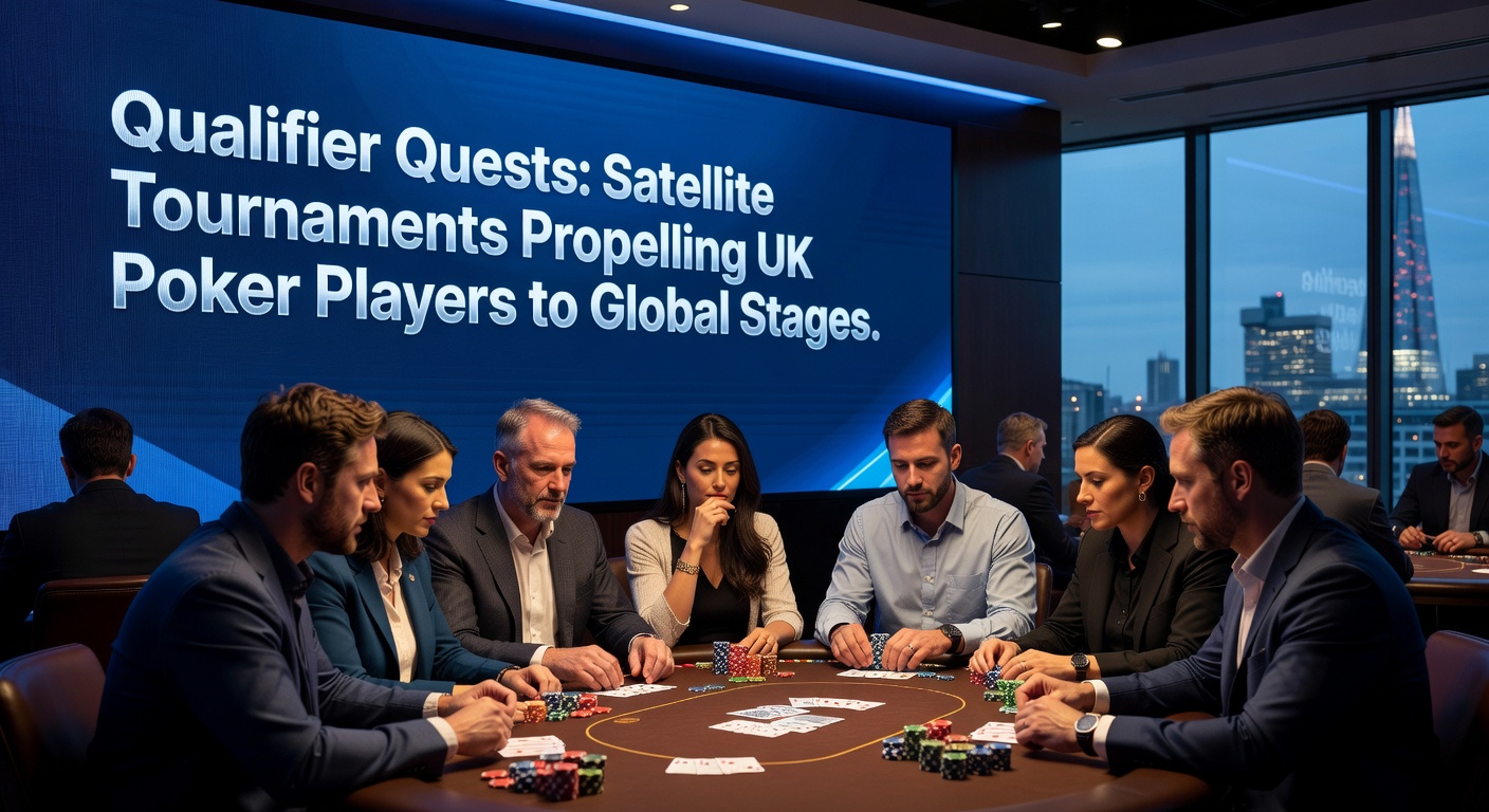 A tense poker table during a satellite tournament, with players focused on their cards and stacks, highlighting the high-stakes qualifier atmosphere