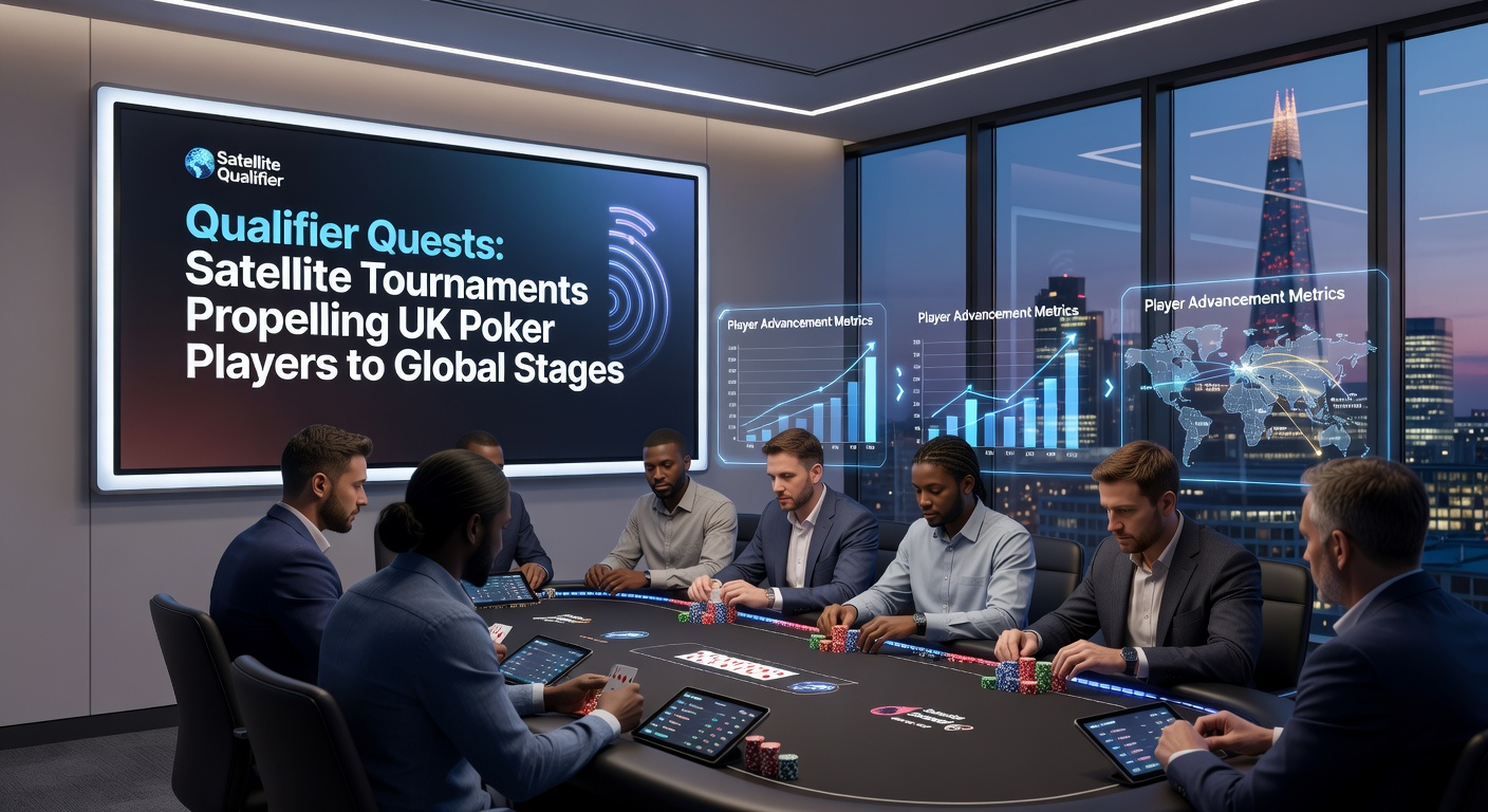 UK poker players celebrating a satellite win, raising chips at a bustling tournament desk with global event banners in the background