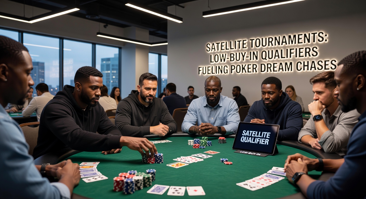 Poker players at a satellite tournament table, stacks of chips in low-buy-in action leading to major event dreams