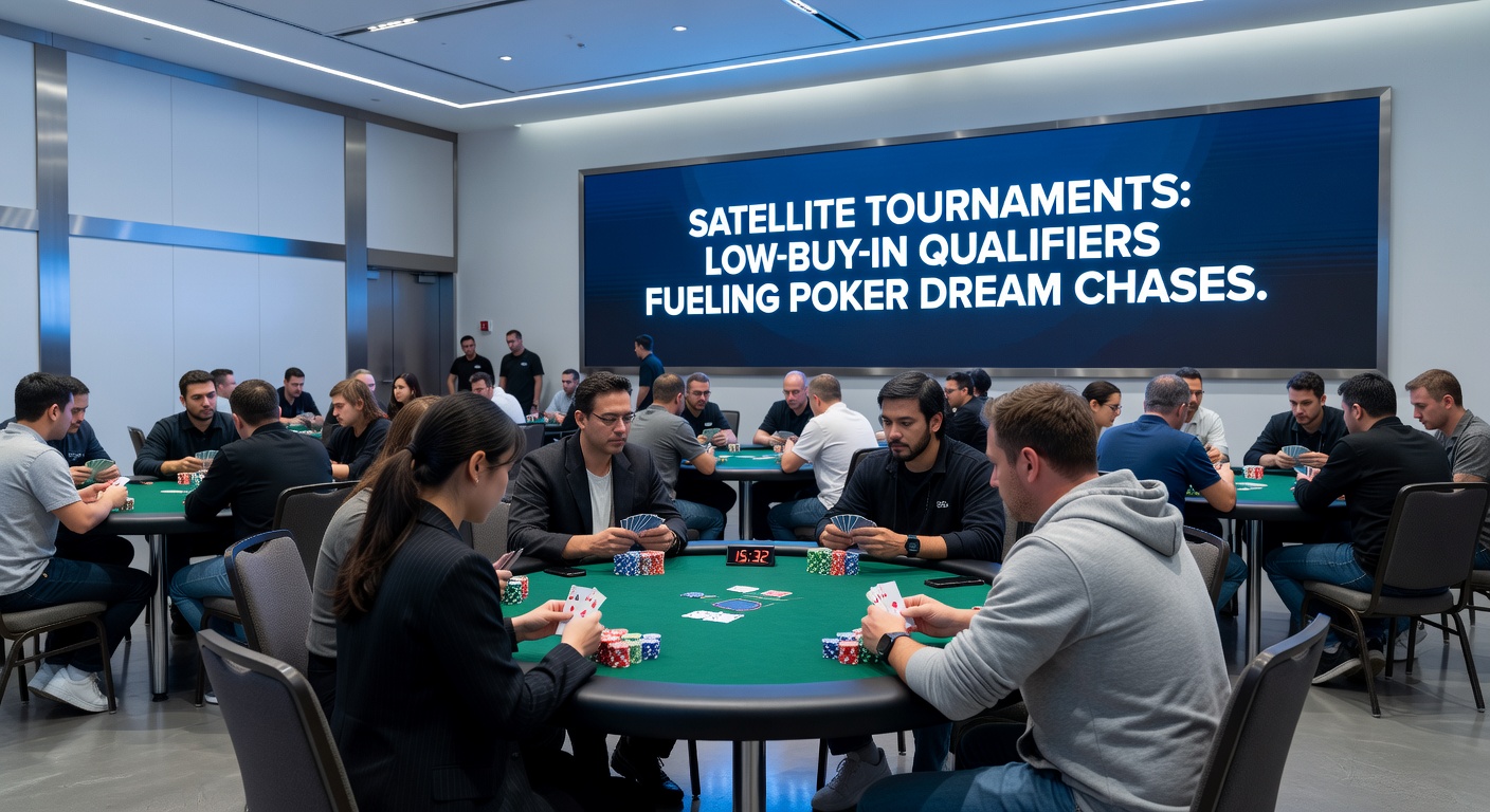 Online poker interface showing a bustling satellite tournament lobby with low buy-ins and massive prize packages