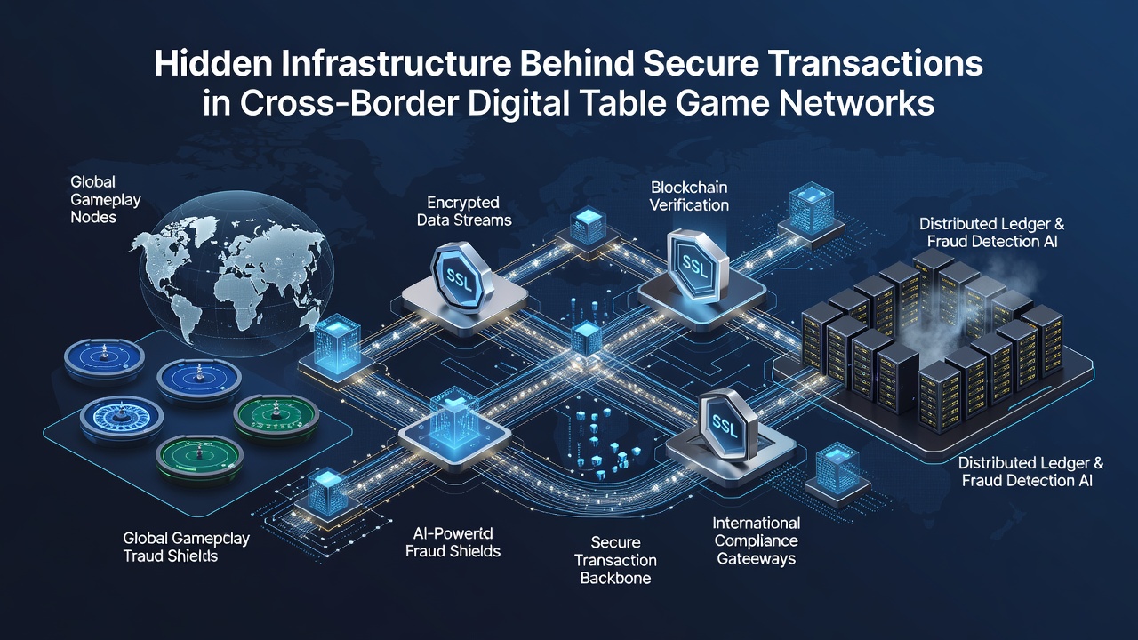 Blockchain ledger visualization for cross-border gaming payments with nodes representing international operators