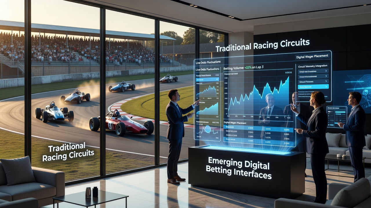 Digital betting interface on a smartphone displaying racing circuit odds with background view of a traditional track