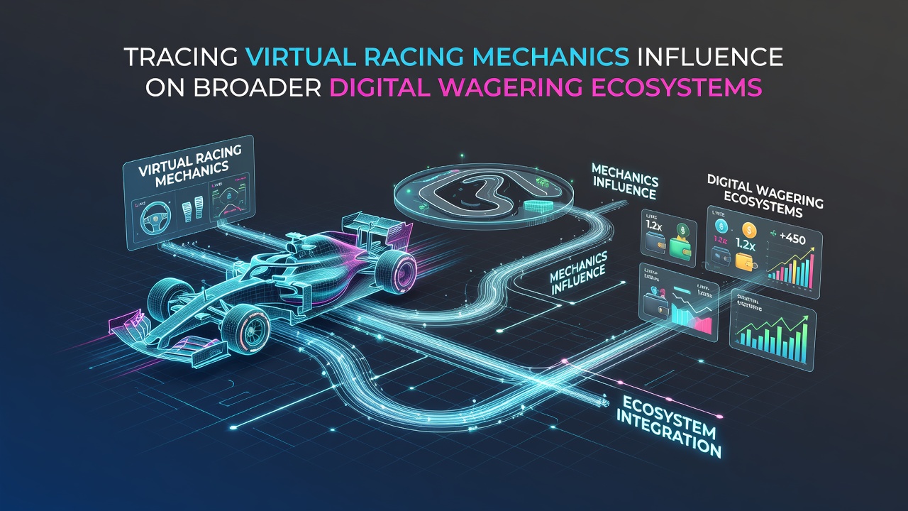 Digital interface showing virtual horse racing simulation with betting overlays and real-time odds updates