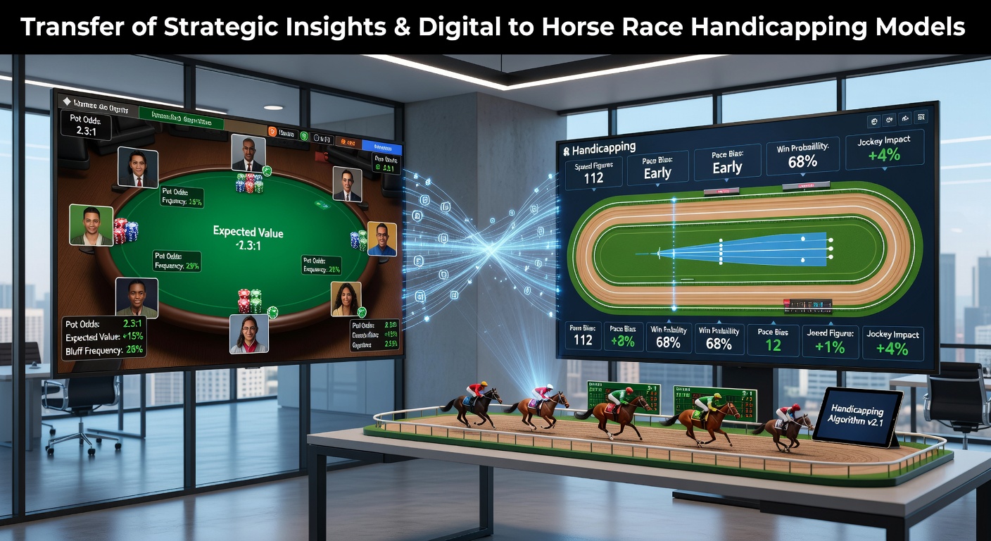 Digital poker interface displayed alongside horse racing analytics dashboard showing probability charts and performance metrics