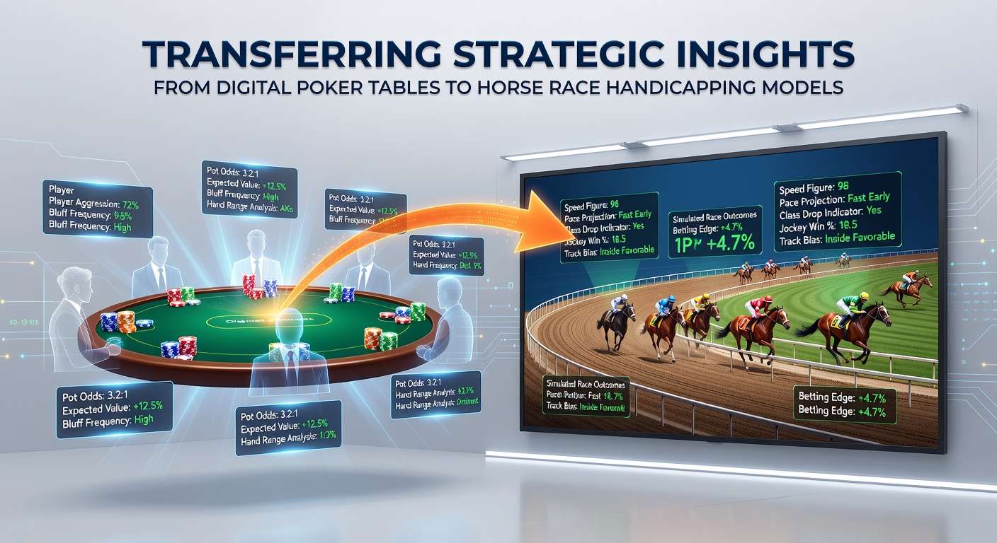 Split view showing poker range matrix next to thoroughbred pace projection graph with overlaid historical data points