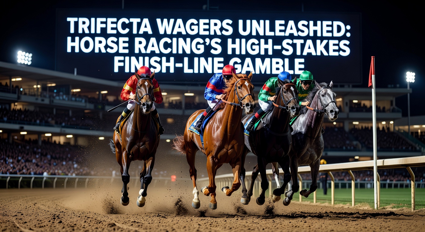 Thrilling horse race finish with horses neck-and-neck crossing the line, capturing the intensity of a potential trifecta payout moment