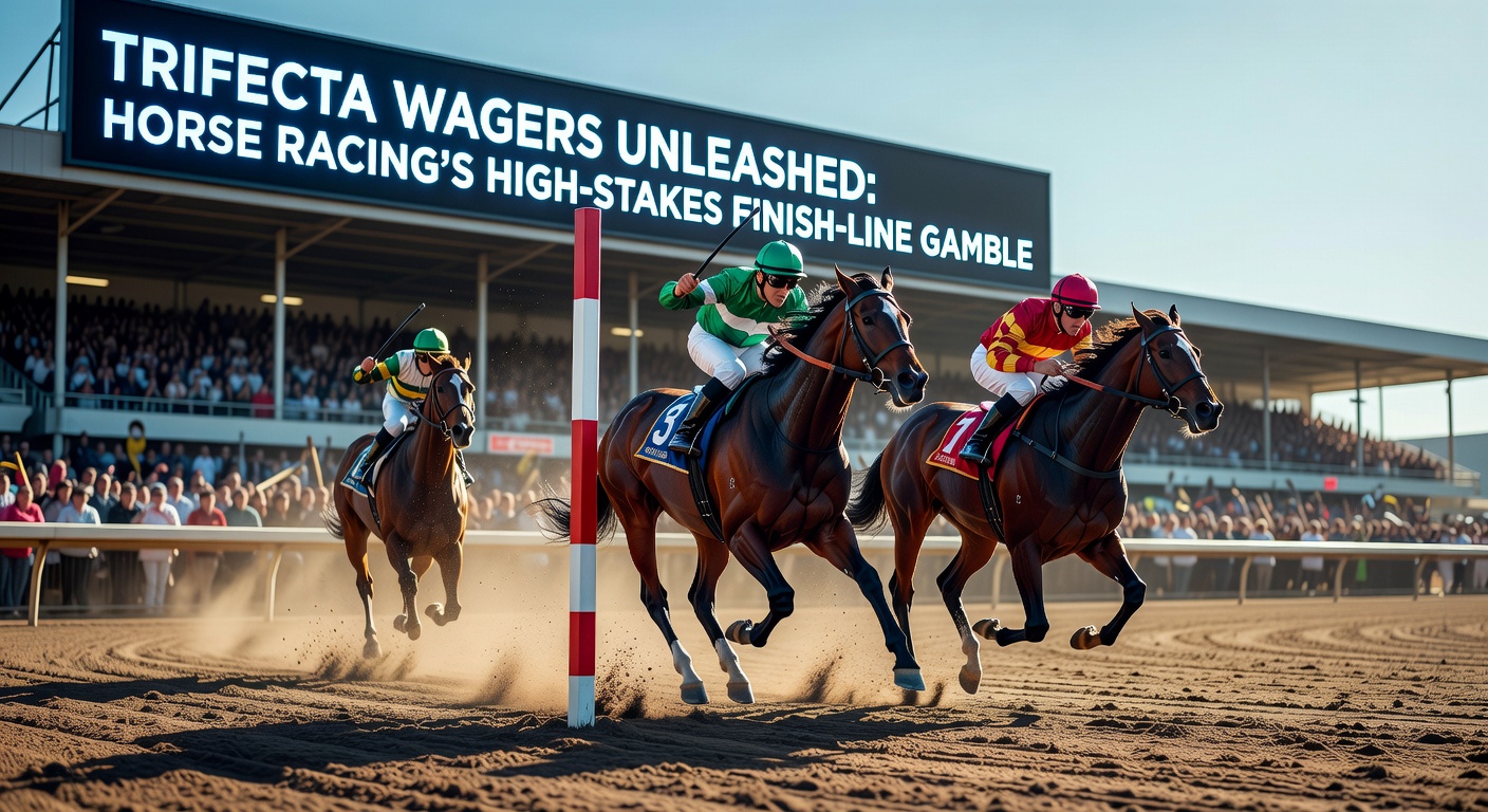 Close-up of a trifecta betting slip being filled out at a racetrack window, with odds boards blurred in the background