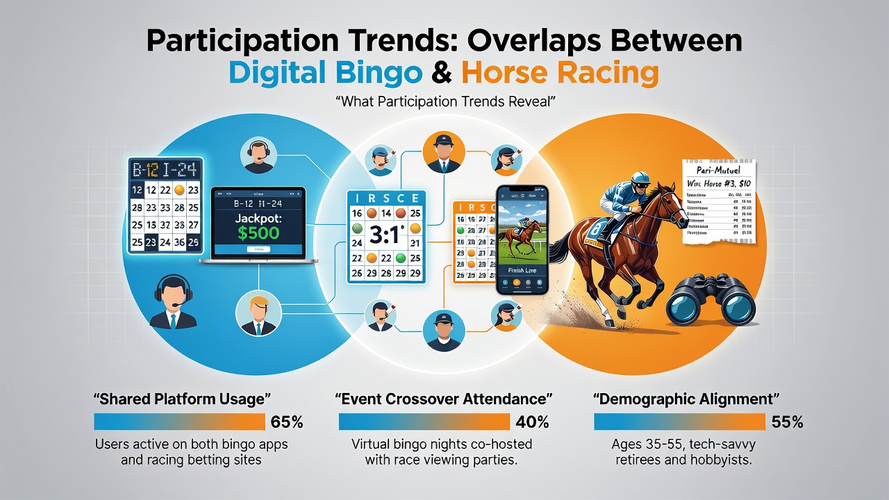 Digital bingo players engaging with online platforms alongside horse racing betting interfaces showing shared user patterns