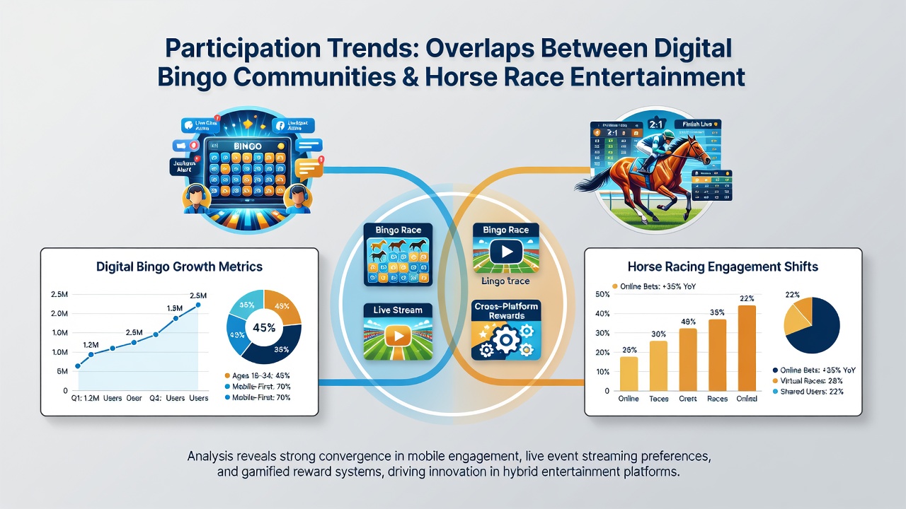 Infographic displaying participation trend overlaps between digital bingo users and horse racing enthusiasts with demographic charts from 2026 data